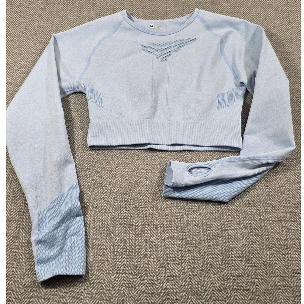 Unbranded Seamless Long Sleeve Crop Top Light Blue Open Back Thumbholes Medium